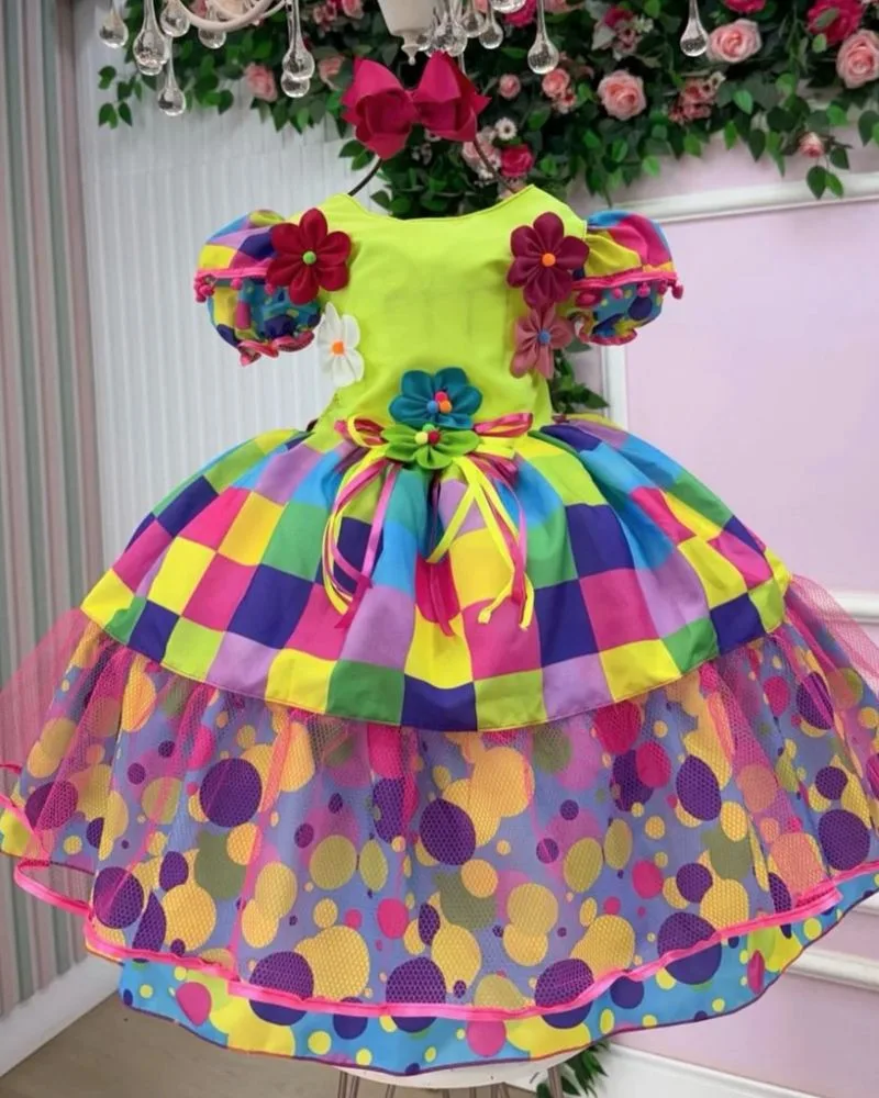 Vestido Junino Luxo Quadriculado Neon