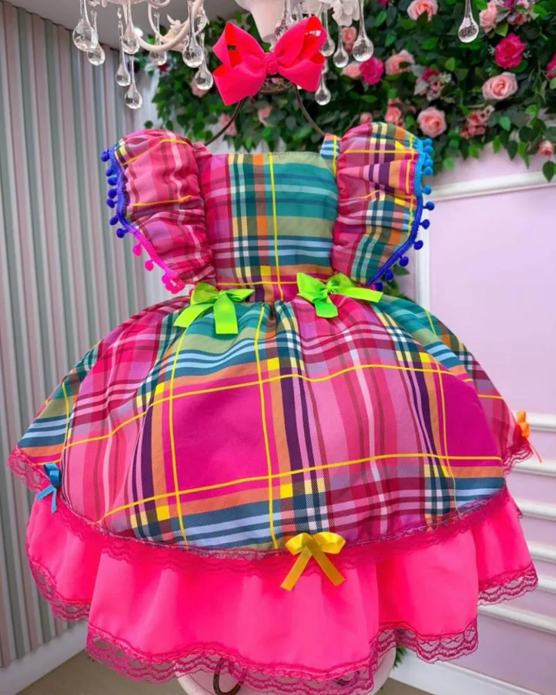 Vestido Junino Luxo Xadrez Neon